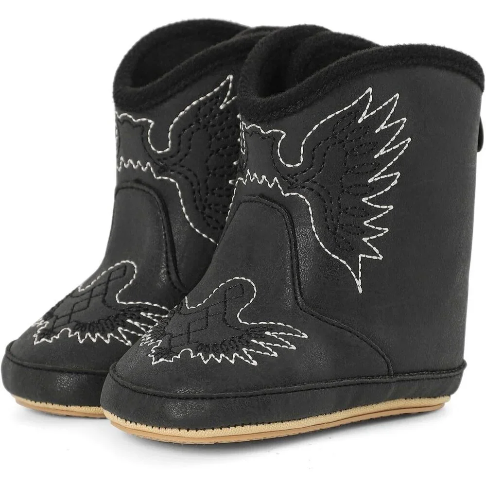 Infant Toddler Black Embroidered Faux Leather Western Rubber Sole Tassel Booties